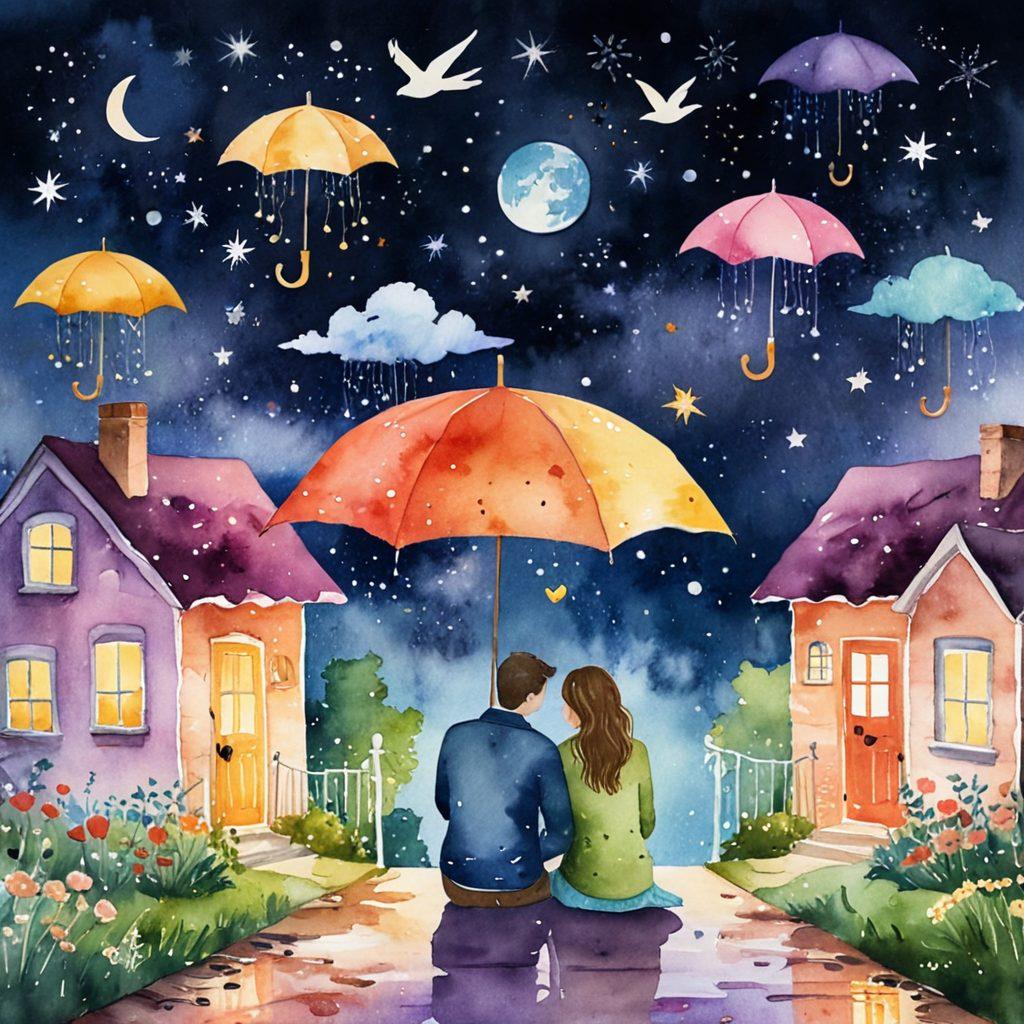 A whimsical scene depicting a couple sharing a romantic moment, holding an umbrella under a starry night sky. Around them are various symbols of love and adventure, like a heart-shaped lock, a globe, and a cozy home. Soft, warm colors radiate from the couple, emphasizing love and security. Include elements of insurance, like documents subtly integrated into the background. dreamy style. vibrant colors. watercolor.